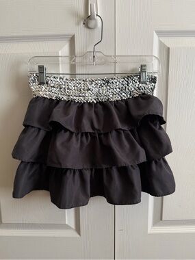 5 for $25!  Black Tiered Mini Skirt with Silver Smocked Waistband